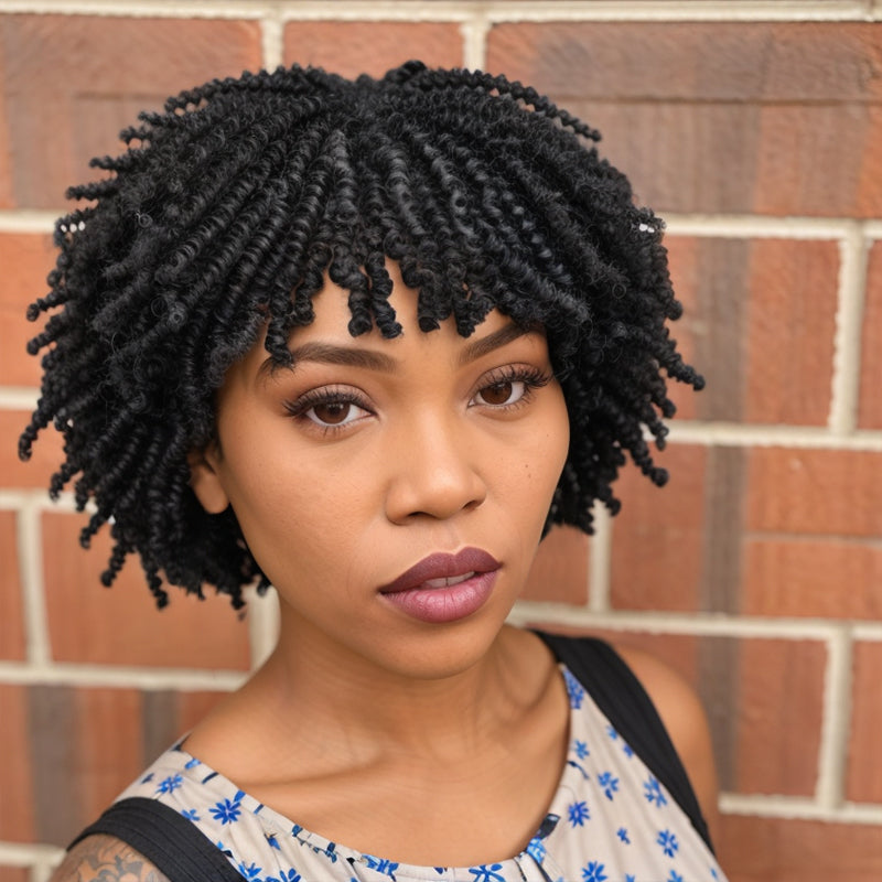 LinktoHair Spring Twist Wig Natural Black Easy Wear Go Short Curly Bob with Bangs Human Hair Wigs