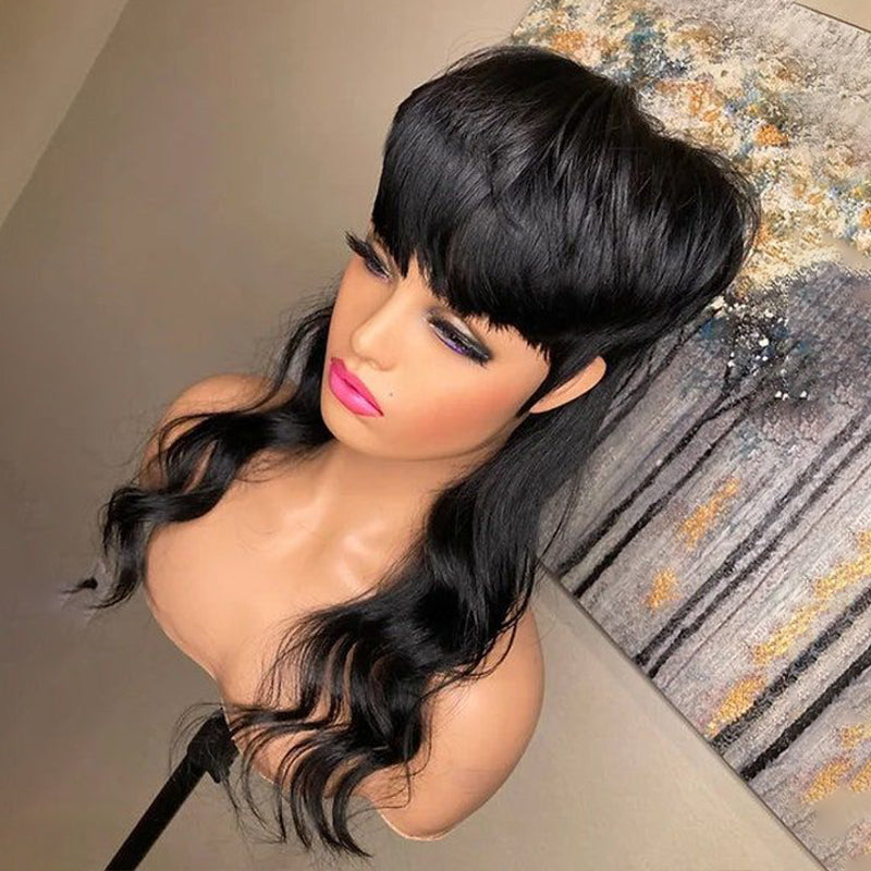 LinktoHair Glueless Pixie Cut Wavy Human Hair Layered Mullet Wig with Bang