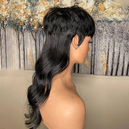 LinktoHair Glueless Pixie Cut Wavy Human Hair Layered Mullet Wig with Bang
