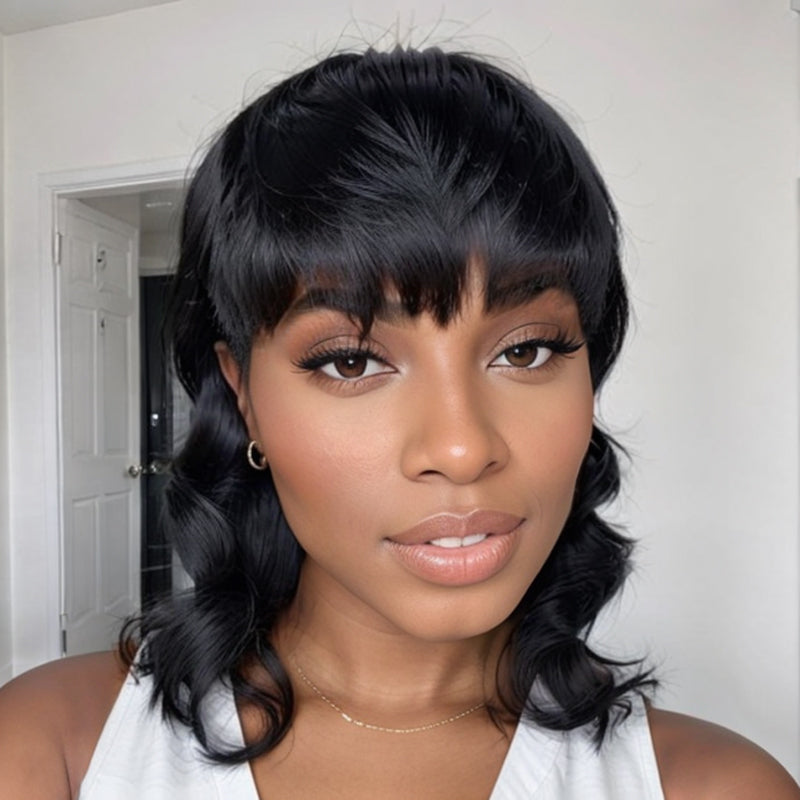 LinktoHair Glueless Pixie Cut Wavy Human Hair Layered Mullet Wig with Bang