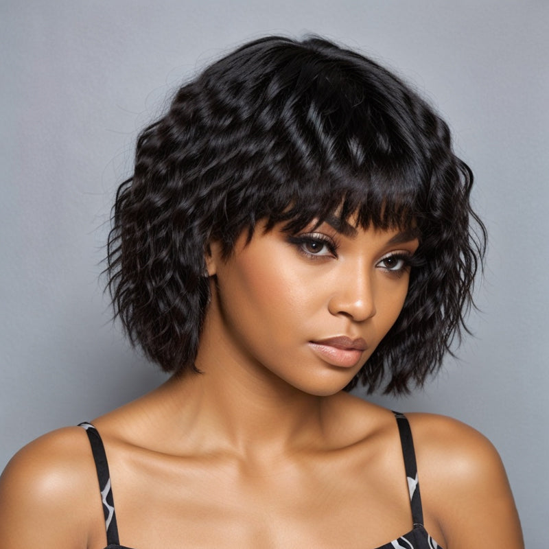 LinktoHair Glueless Wolf Cut Short Wavy Bob Wig With Bang 100% Human Hair