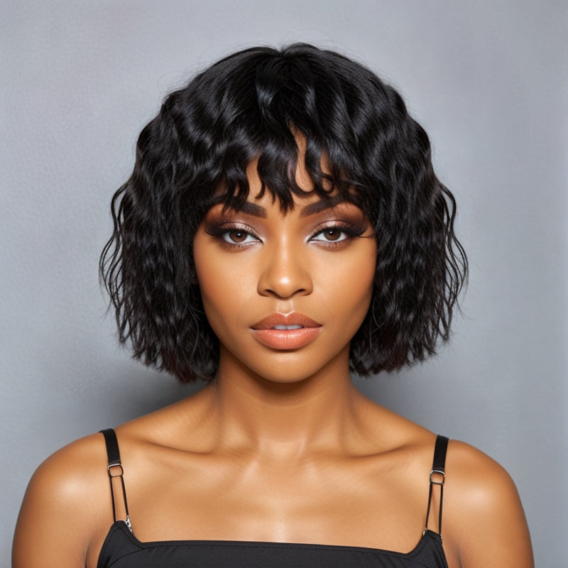 LinktoHair Glueless Wolf Cut Short Wavy Bob Wig With Bang 100% Human Hair