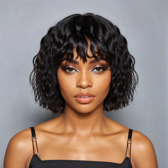 LinktoHair Glueless Wolf Cut Short Wavy Bob Wig With Bang 100% Human Hair