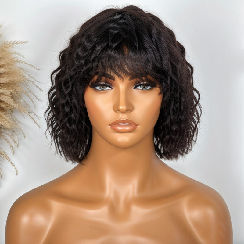 LinktoHair Glueless Wolf Cut Short Wavy Bob Wig With Bang 100% Human Hair