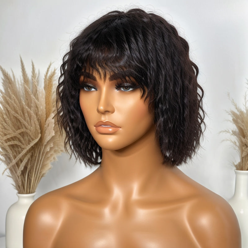 LinktoHair Glueless Wolf Cut Short Wavy Bob Wig With Bang 100% Human Hair