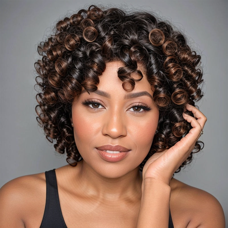 LinktoHair Ombre T1B/4 Colored Glueless Bouncy Curly Bob Wig With Bangs 100% Human Hair Wig