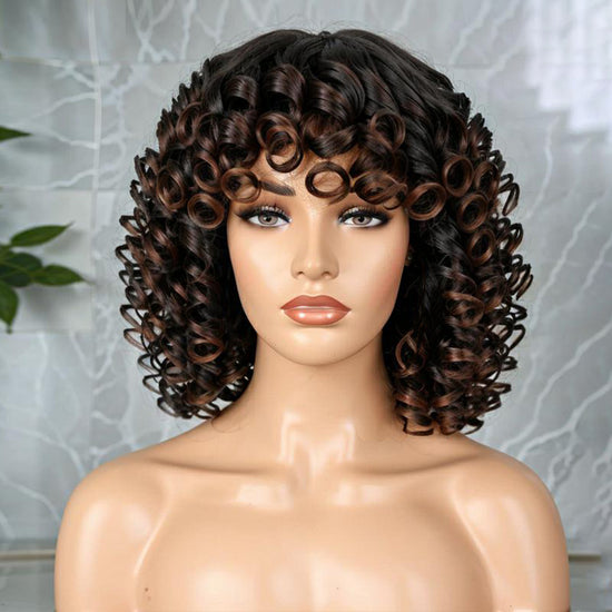 LinktoHair Ombre T1B/4 Colored Glueless Bouncy Curly Bob Wig With Bangs 100% Human Hair Wig