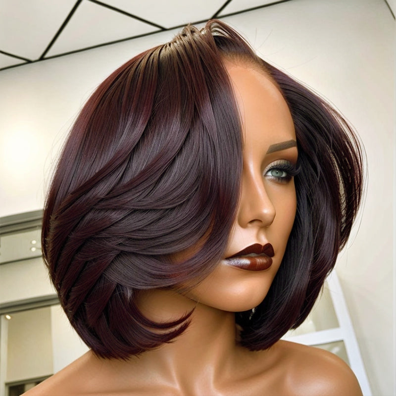 XMAS Hair Color | Plum Red Short Bob with Layered Bangs 13X4 Lace Front Wig Human Hair