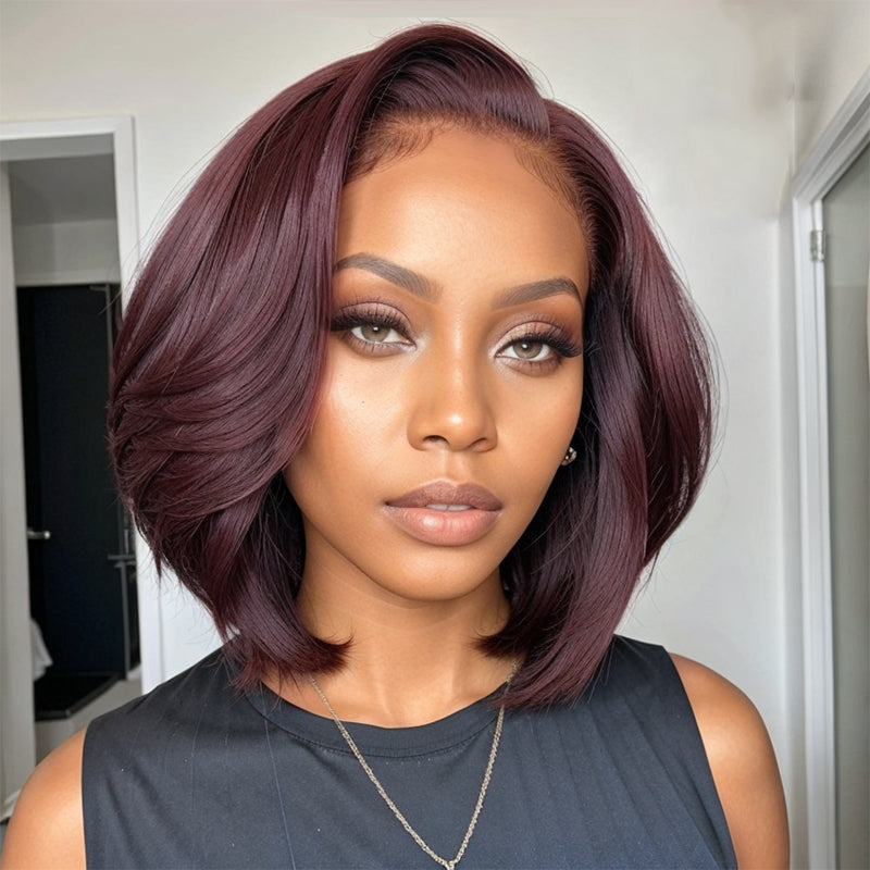 XMAS Hair Color | Plum Red Short Bob with Layered Bangs 13X4 Lace Front Wig Human Hair