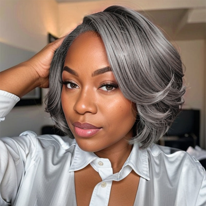 LinktoHair Salt & Pepper Glueless 5x5 Closure Lace Wig Side Part Bob Style 100% Human Hair