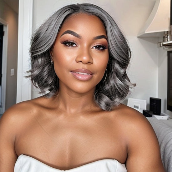 Load image into Gallery viewer, LinktoHair Salt &amp;amp; Pepper Glueless 5x5 Closure Lace Wig Side Part Bob Style 100% Human Hair
