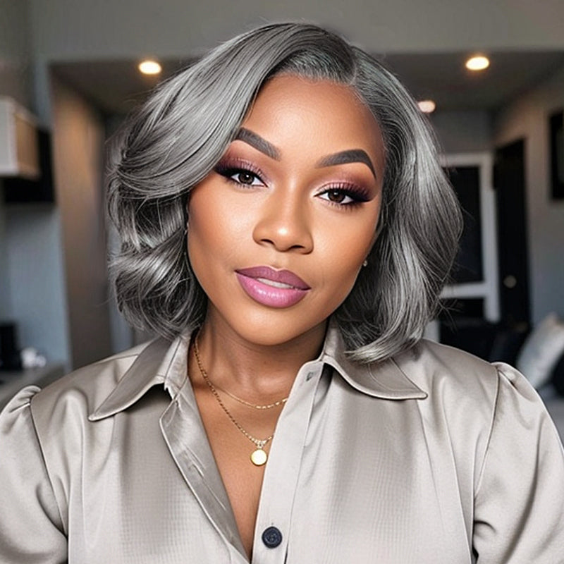 LinktoHair Salt & Pepper Glueless 5x5 Closure Lace Wig Side Part Bob Style 100% Human Hair