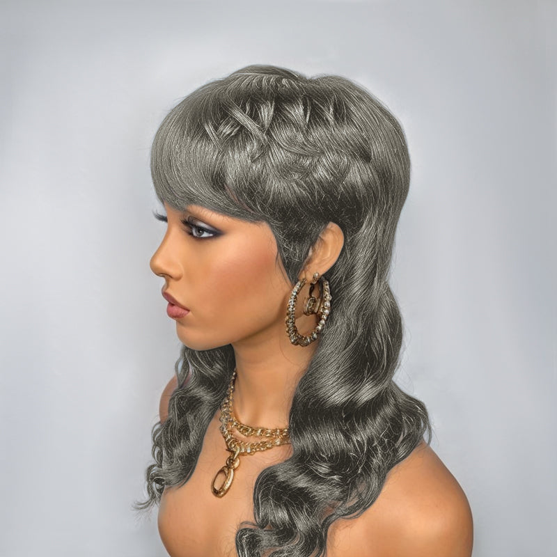 LinktoHair Salt And Pepper Glueless Pixie Cut Wavy Human Hair Layered Mullet Wig with Bang