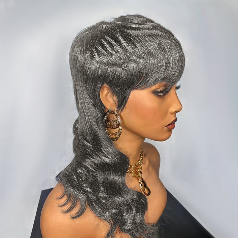 LinktoHair Salt And Pepper Glueless Pixie Cut Wavy Human Hair Layered Mullet Wig with Bang