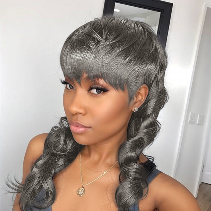 LinktoHair Salt And Pepper Glueless Pixie Cut Wavy Human Hair Layered Mullet Wig with Bang