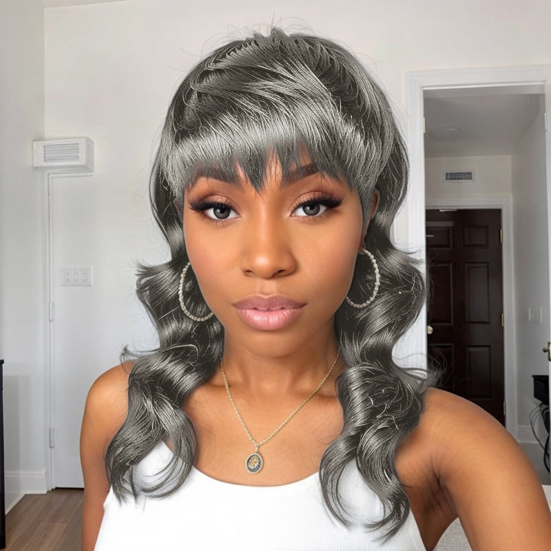 LinktoHair Salt & Pepper Glueless Pixie Cut Wavy Human Hair Layered Mullet Wig with Bang