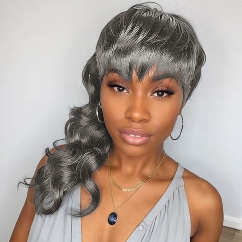 LinktoHair Salt & Pepper Glueless Pixie Cut Wavy Human Hair Layered Mullet Wig with Bang