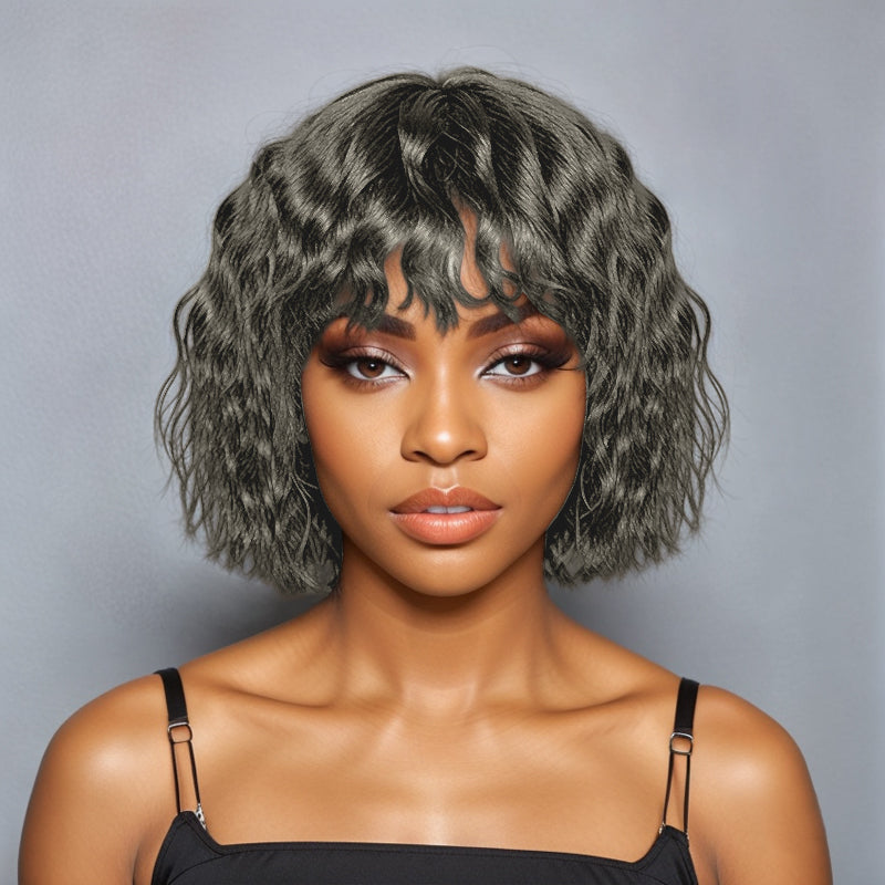 LinktoHair Salt and Pepper Wolf Cut Short Wavy Bob Glueless Wig With Bang 100% Human Hair