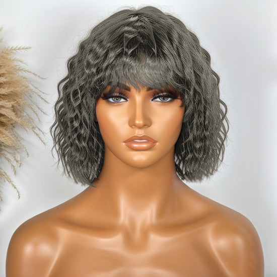 LinktoHair Salt and Pepper Wolf Cut Short Wavy Bob Glueless Wig With Bang 100% Human Hair