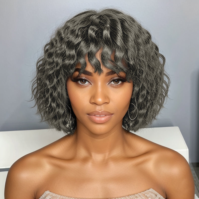 LinktoHair Salt and Pepper Wolf Cut Short Wavy Bob Glueless Wig With Bang 100% Human Hair