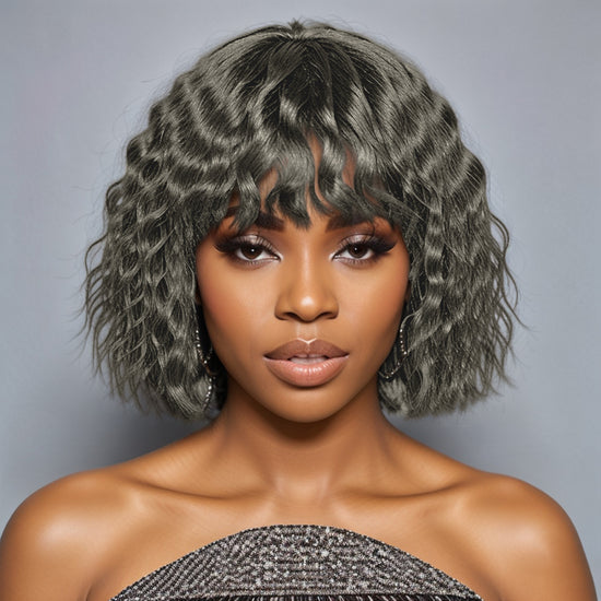 LinktoHair Salt and Pepper Wolf Cut Short Wavy Bob Glueless Wig With Bang 100% Human Hair