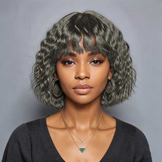 LinktoHair Salt and Pepper Wolf Cut Short Wavy Bob Glueless Wig With Bang 100% Human Hair