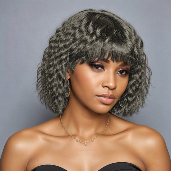 LinktoHair Salt and Pepper Wolf Cut Short Wavy Bob Glueless Wig With Bang 100% Human Hair