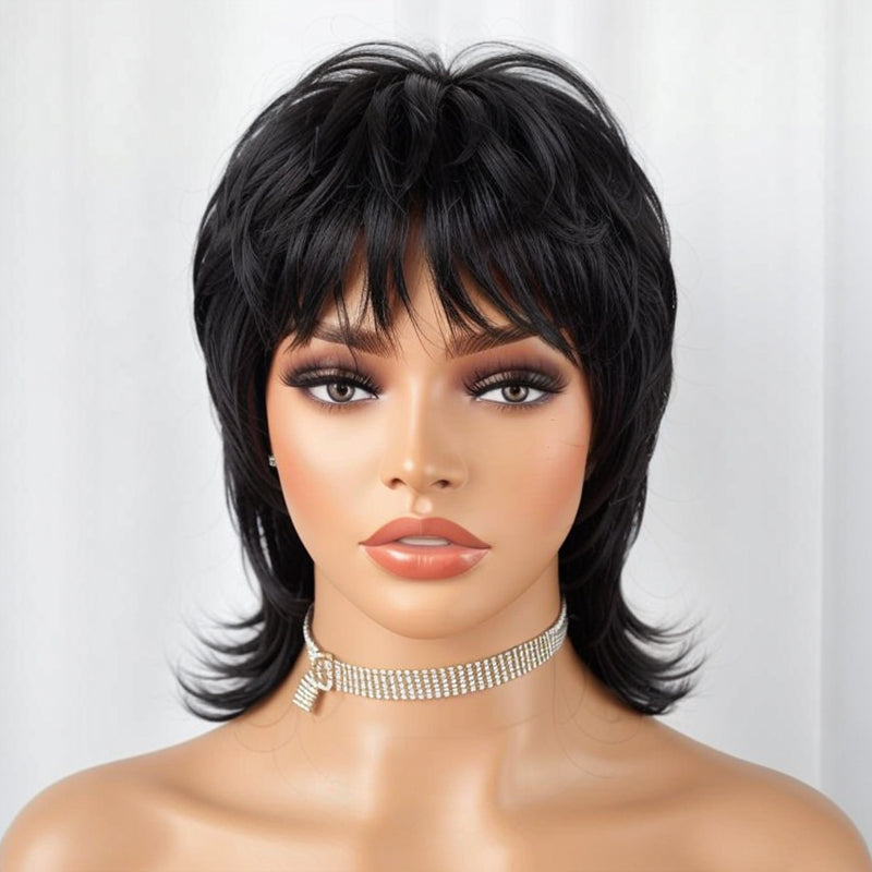 LinktoHair Short Black Wig Shaggy Layered 80s Mullet Wig Pixie Cut Wig With Bangs Curly 100% Human Hair