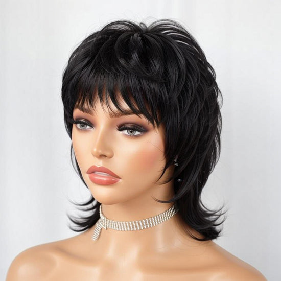 LinktoHair Short Black Wig Shaggy Layered 80s Mullet Wig Pixie Cut Wig With Bangs Curly 100% Human Hair