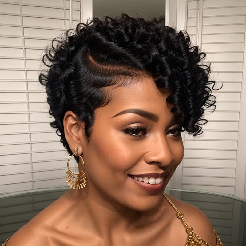 LinktoHair Short Pixie Natural Black Curly Hair Wigs Human Hair Wigs for Black Women