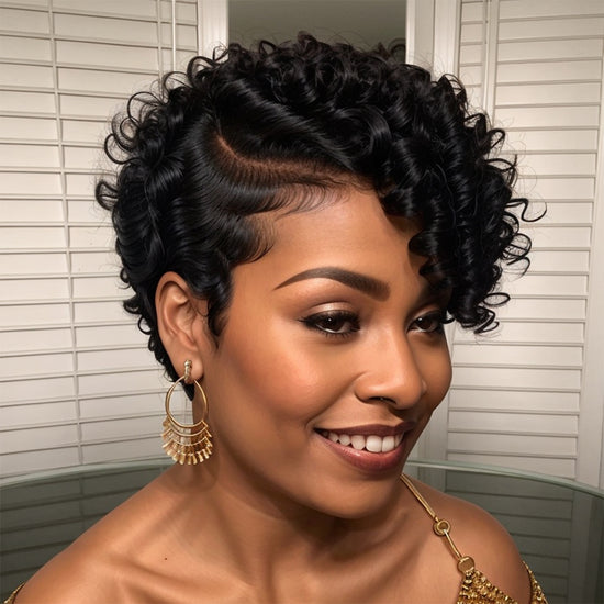 LinktoHair Short Pixie Natural Black Curly Hair Wigs Human Hair Wigs for Black Women