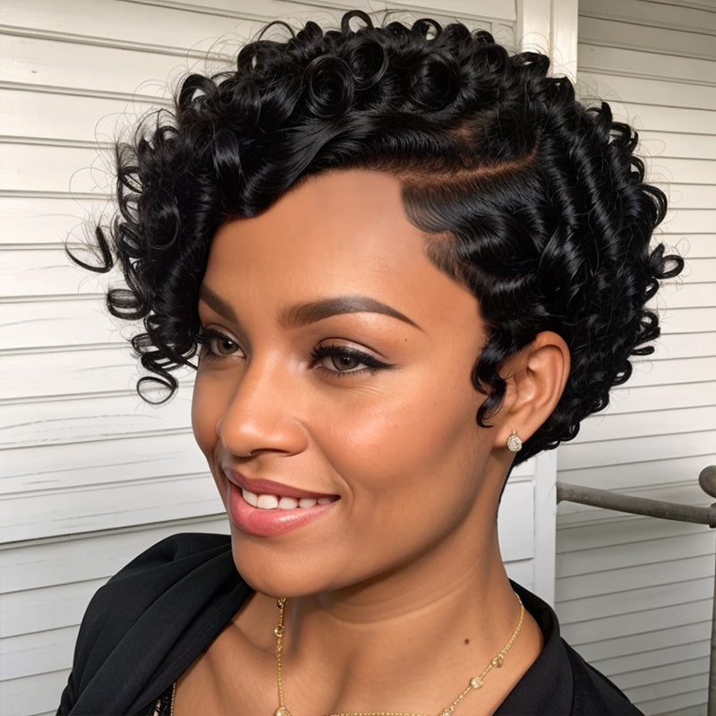 LinktoHair Short Pixie Natural Black Curly Hair Wigs Human Hair Wigs for Black Women