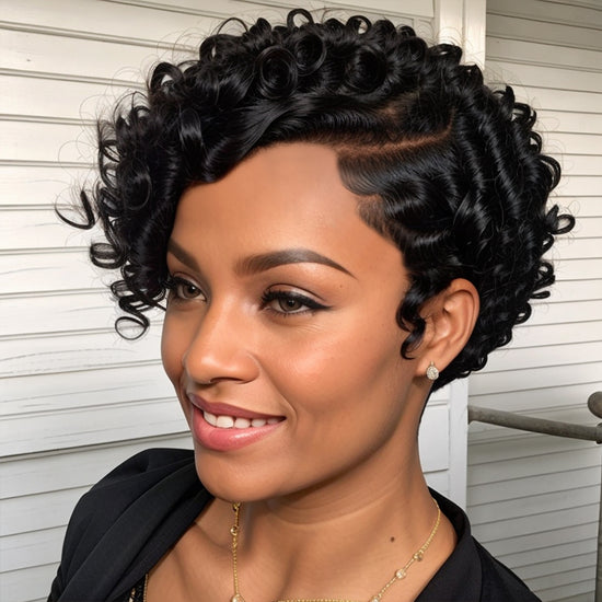 LinktoHair Short Pixie Natural Black Curly Hair Wigs Human Hair Wigs for Black Women