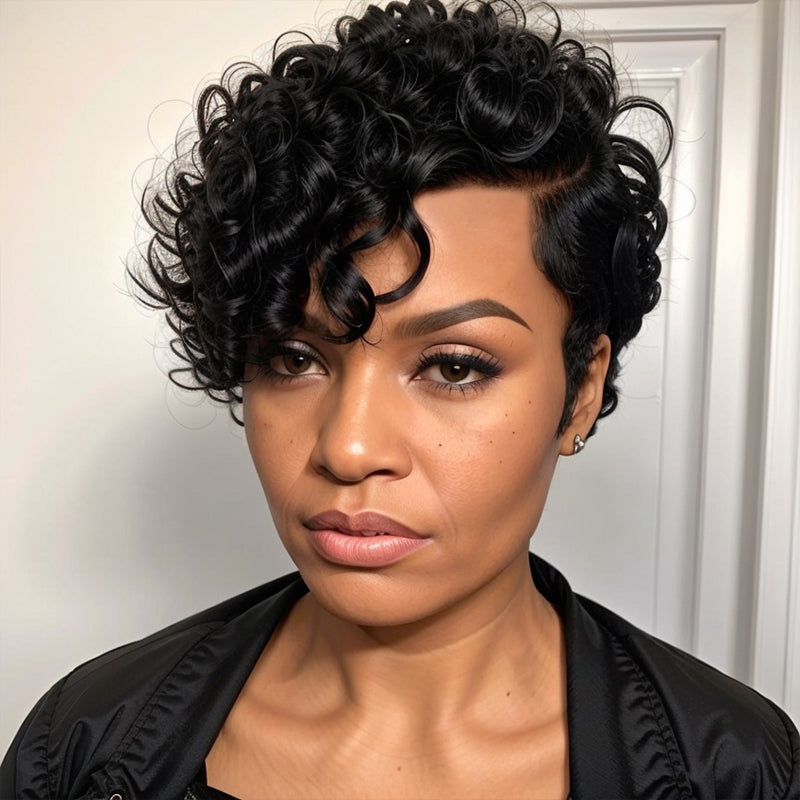 LinktoHair Short Pixie Natural Black Curly Hair Wigs Human Hair Wigs for Black Women