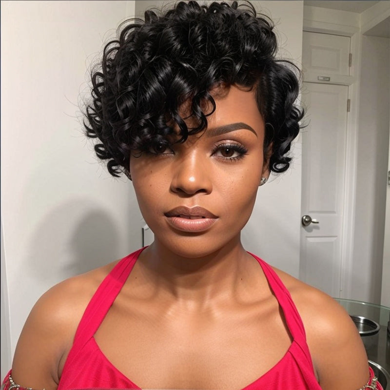 LinktoHair Short Pixie Natural Black Curly Hair Wigs Human Hair Wigs for Black Women