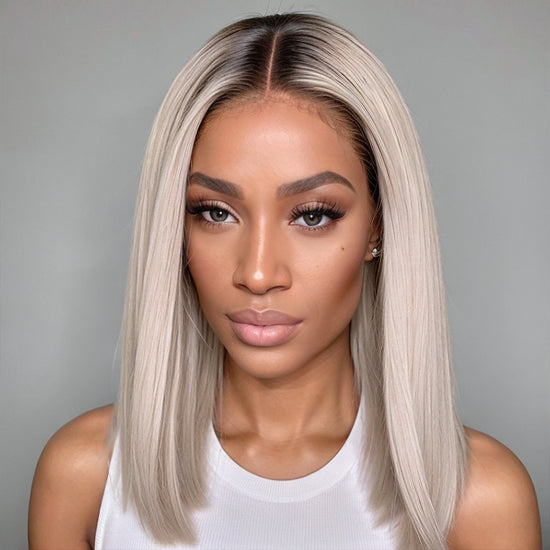 Load image into Gallery viewer, LinktoHair Straight Center Part Short Bob Ash Blonde with Dark Roots 5x5 Closure HD Lace Human Hair Wig
