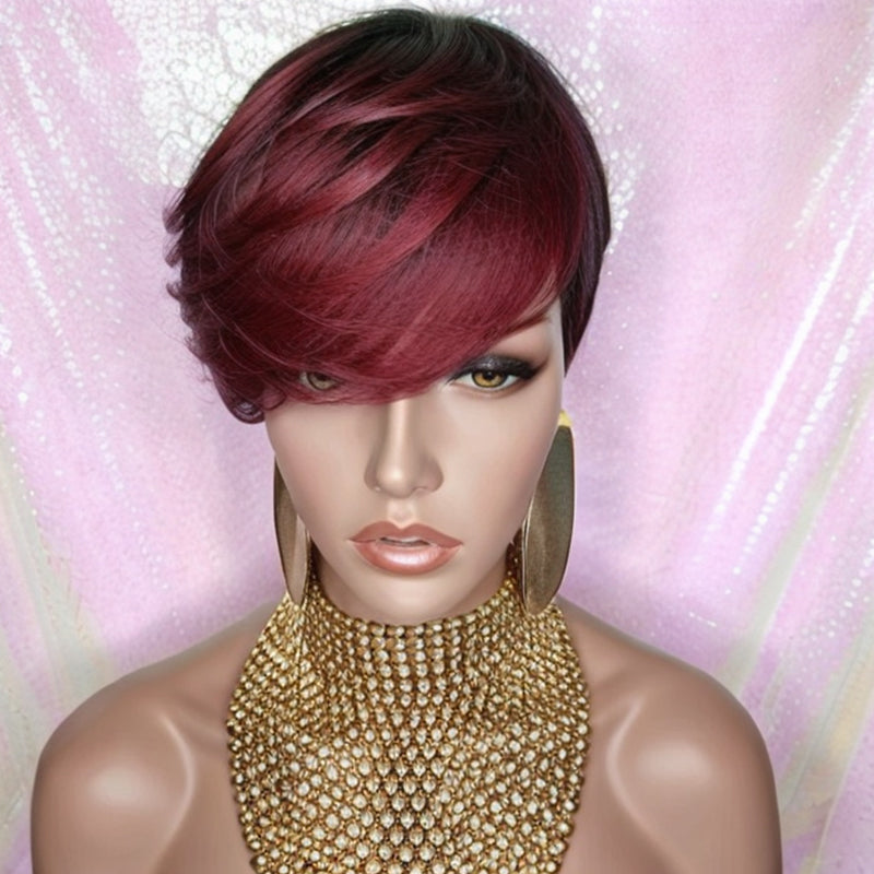 Load image into Gallery viewer, LinktoHair Trendy Burgundy Wine Human Hair Pixie Cut Short Wig with Bangs
