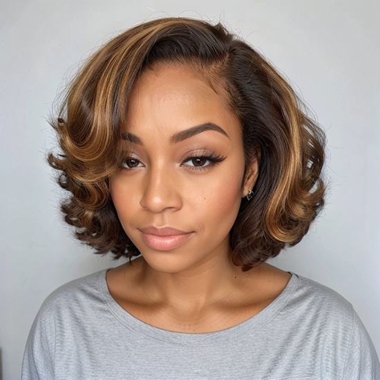 LinktoHair Brown Mix Blonde 5x5 Closure Lace C Part Glueless Highlight Bob Wig