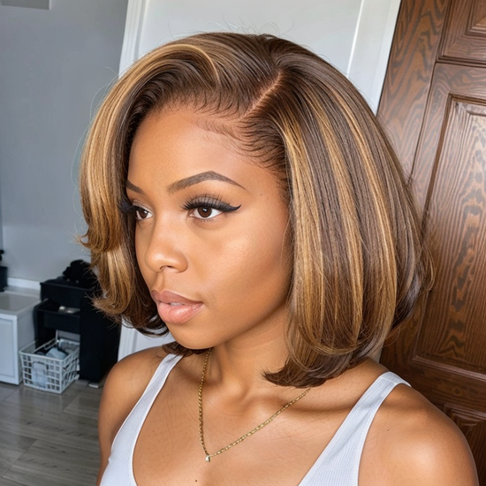 LinktoHair Brown Mix Blonde 5x5 Closure Lace C Part Glueless Highlight Bob Wig