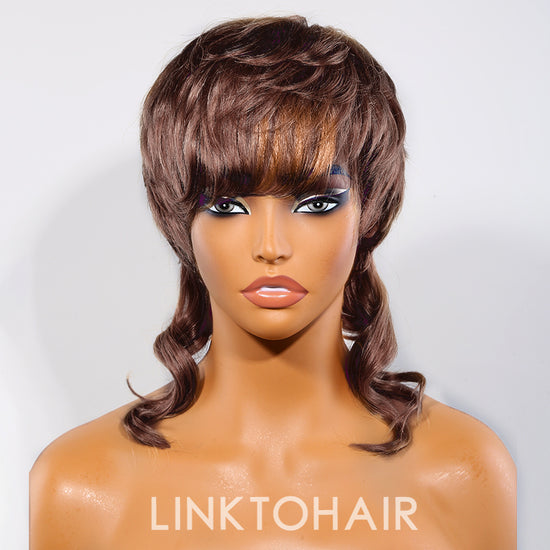 LinktoHair Glueless Pixie Cut Wavy Human Hair Colored Mullet Wig with Bang