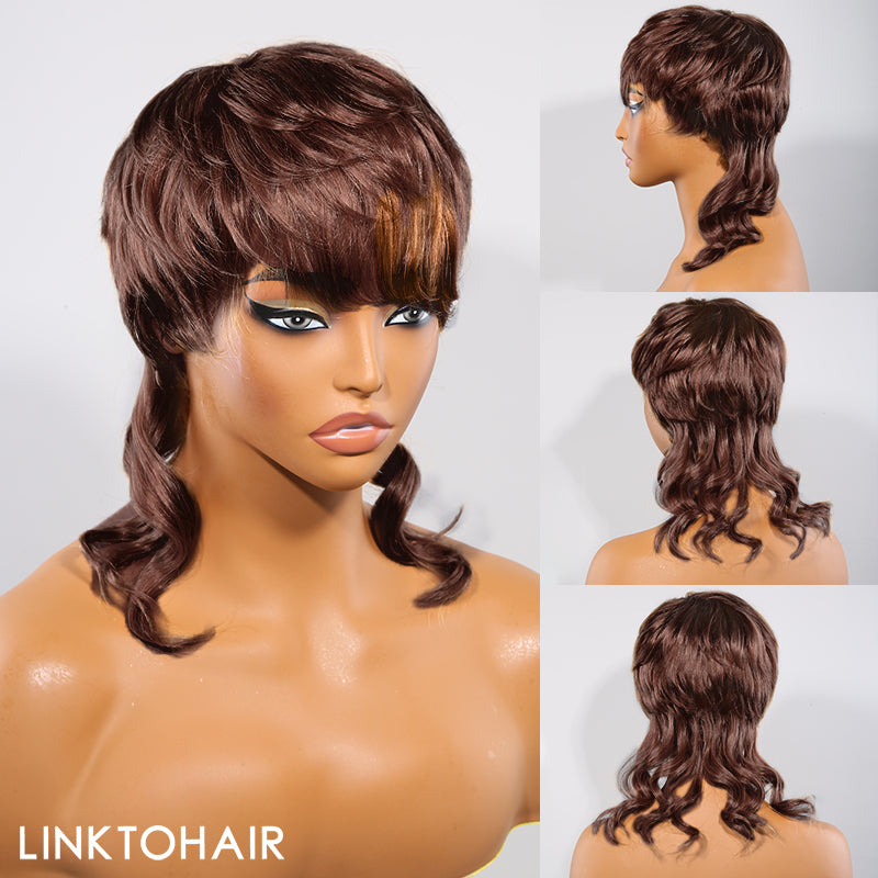 LinktoHair Glueless Pixie Cut Wavy Human Hair Colored Mullet Wig with Bang