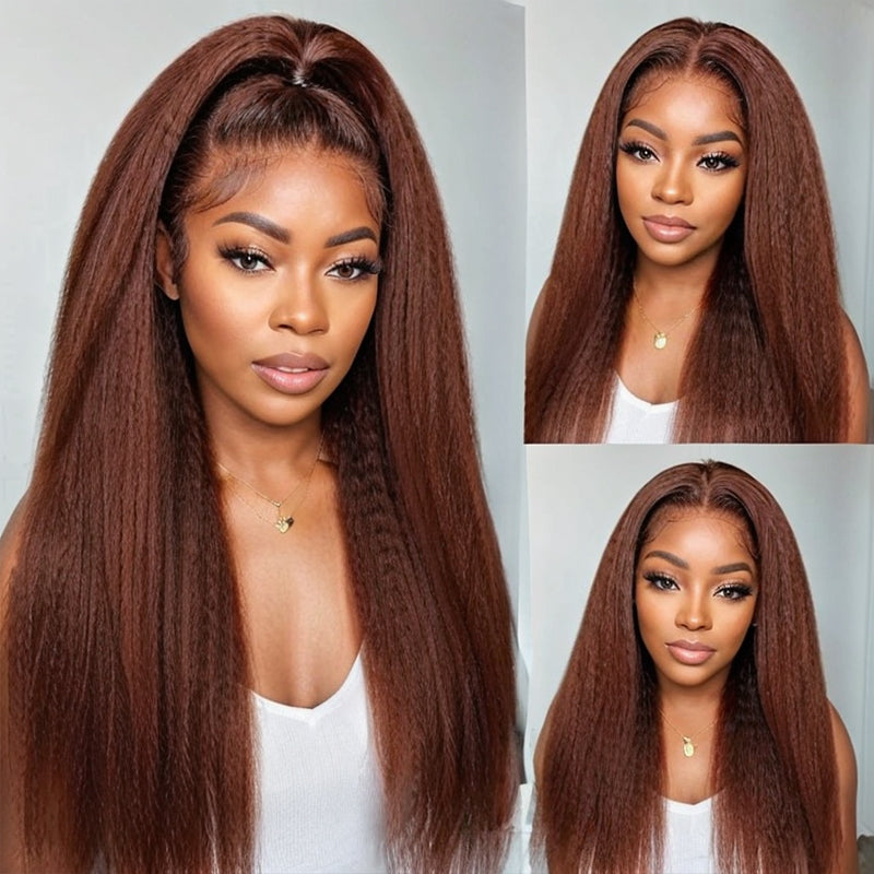 LinktoHair Kinky Straight Reddish Brown Frontal Lace Wig 100% Human Hair