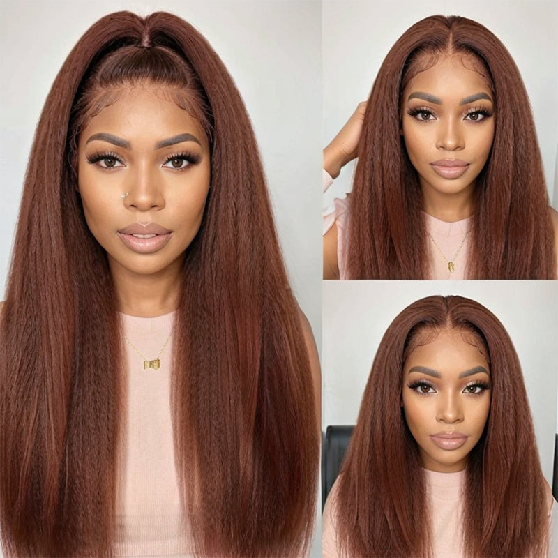 LinktoHair Kinky Straight Reddish Brown Frontal Lace Wig 100% Human Hair