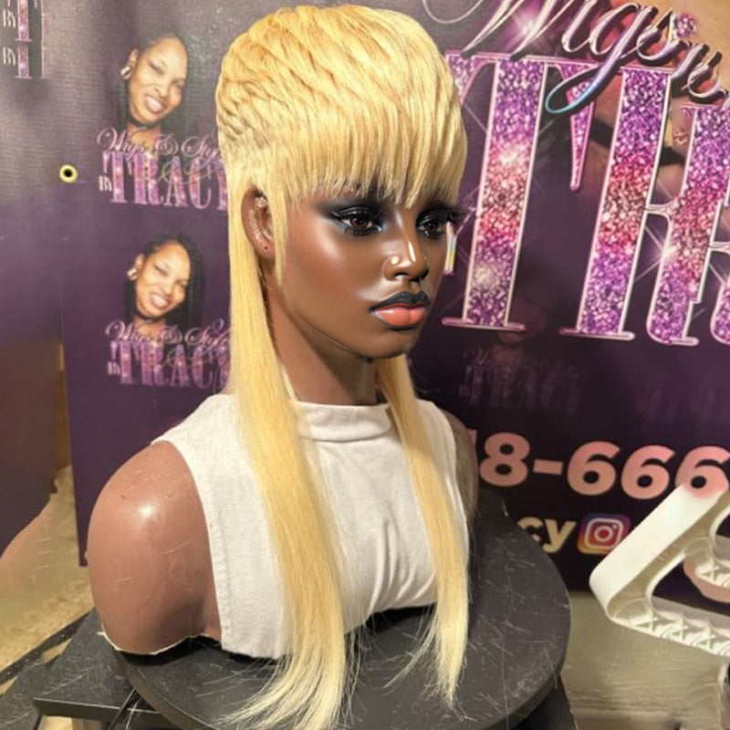 LinktoHair Pixie Cut Straight Human Hair Blonde Mullet Glueless Wig with Bang