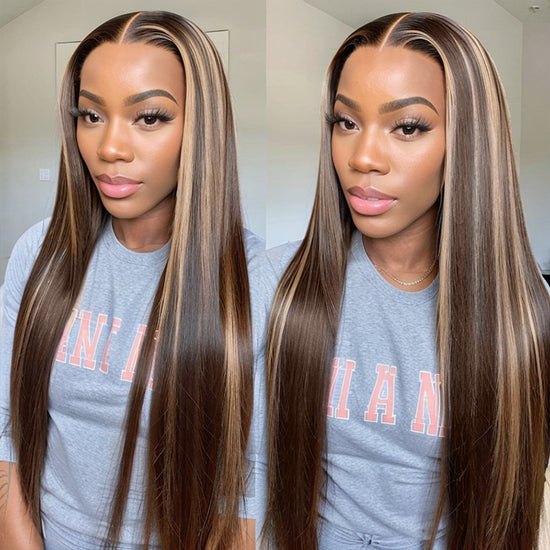 LinktoHair Straight Colored Human Hair Wigs Highlight Lace Wig Brown Mix Blonde P4/27