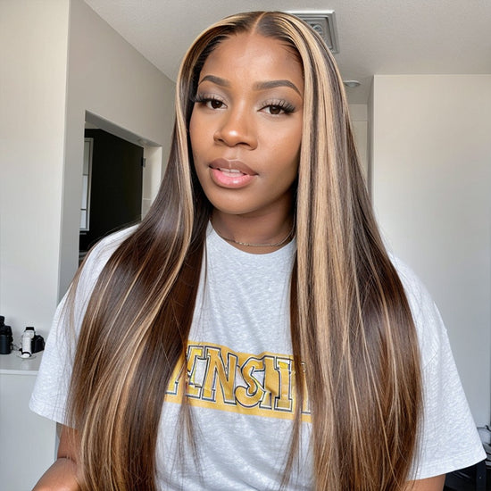 Load image into Gallery viewer, LinktoHair Straight Colored Human Hair Wigs Highlight Lace Wig Brown Mix Blonde P4/27
