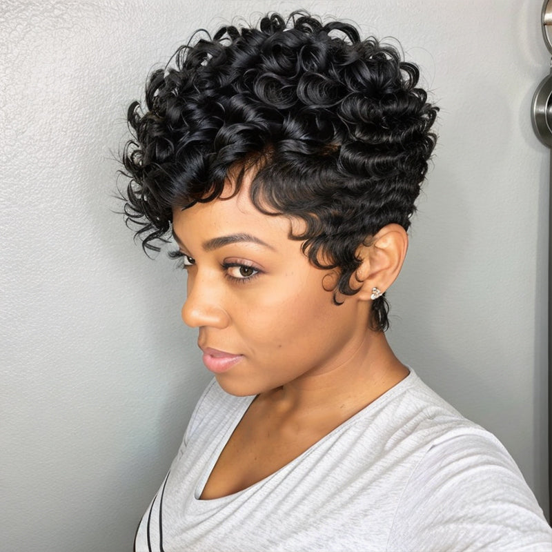 LinktoHair Trendy Limited Design Natural Black Pixie Cut Human Hair Lace Wig
