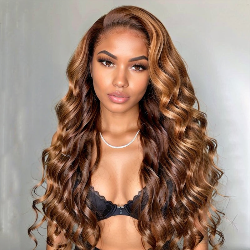 LinktoHair Wavy Chestnut Brown with Blonde Highlights Frontal Lace Wig