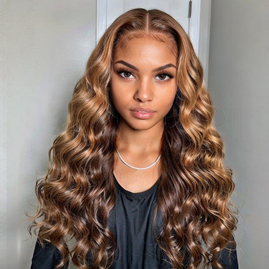 LinktoHair Wavy Chestnut Brown with Blonde Highlights Frontal Lace Wig