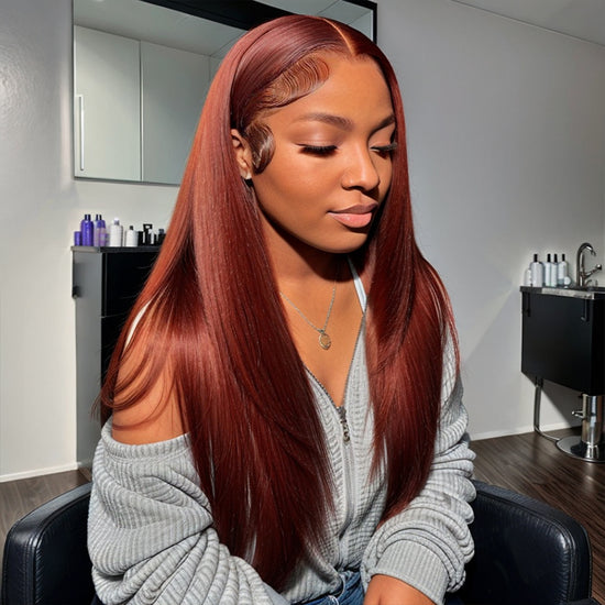 Load image into Gallery viewer, LinktoHair Wear &amp;amp; Go Wig #33 Reddish Brown 5x5 Lace Straight Glueless HD Lace Closure Wigs
